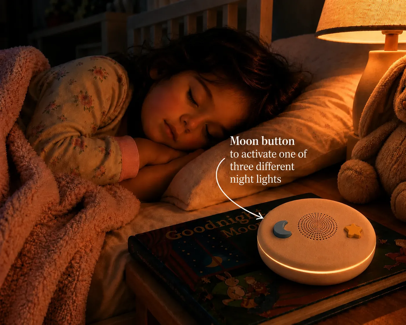 A child sleeping peacefully beside the Story Stone speaker glowing softly next to Goodnight Moon