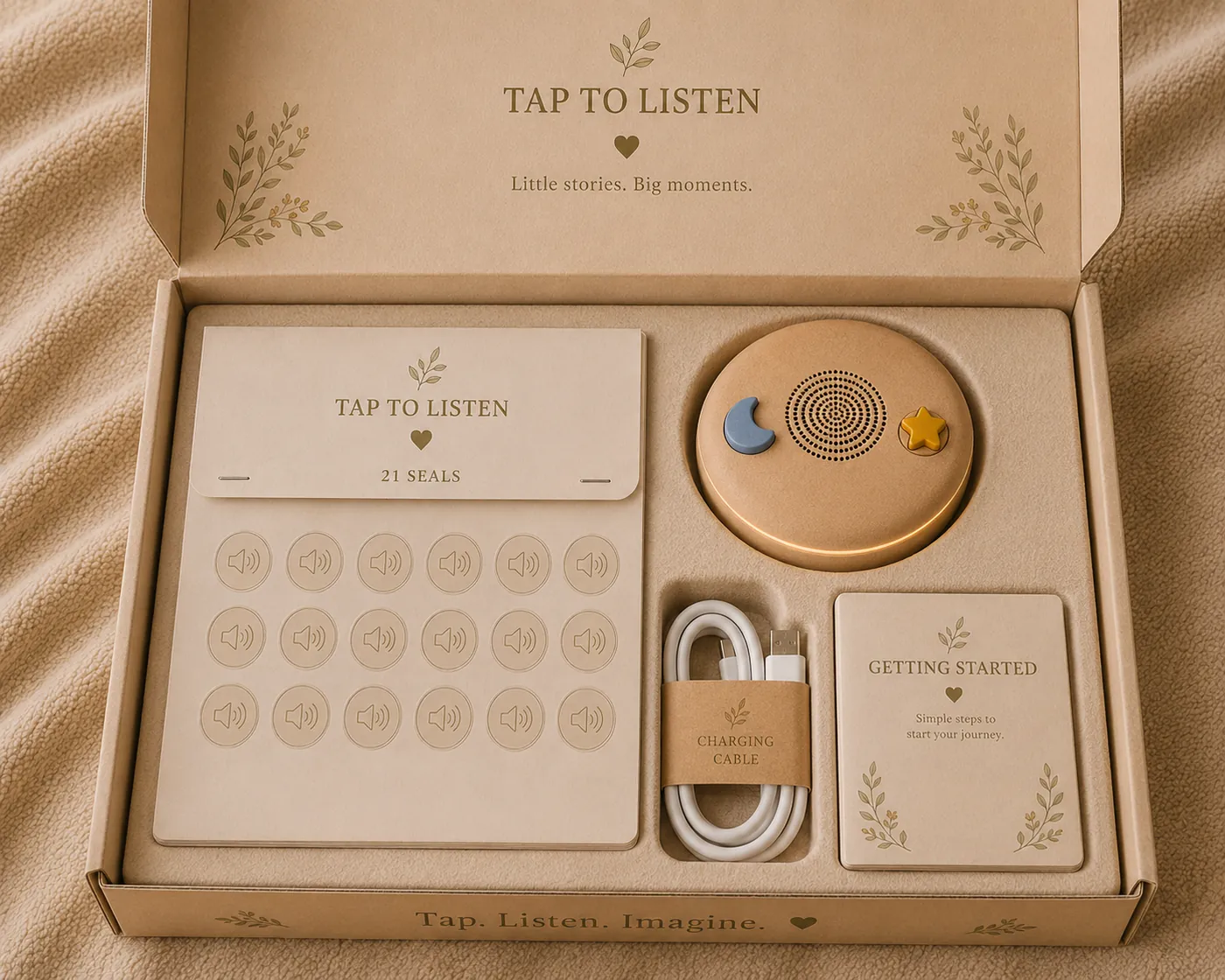 The complete Story Stone kit with 21 seals, speaker, charging cable, and getting started guide