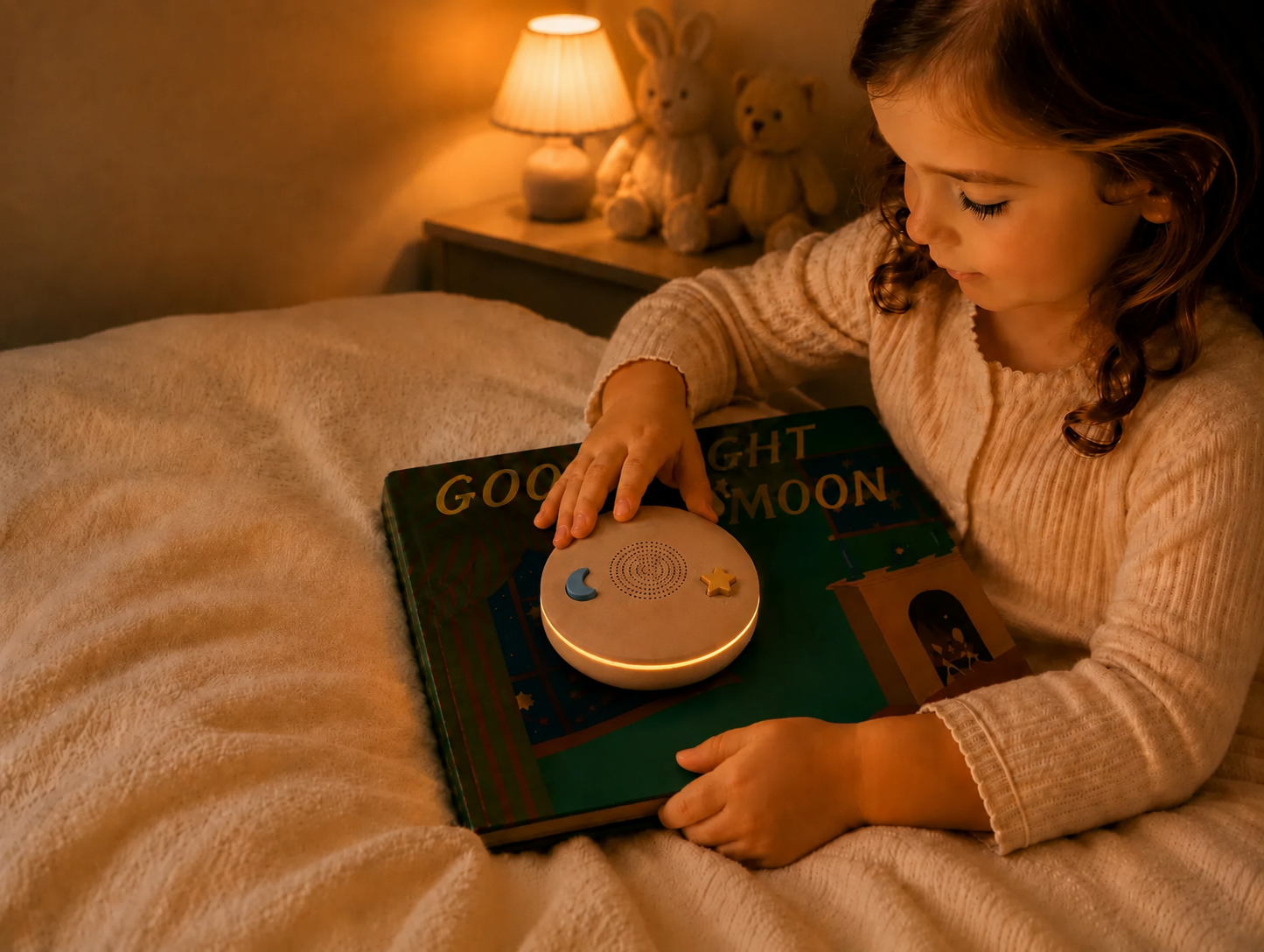 A child reading Goodnight Moon with the Story Stone speaker glowing softly at bedtime