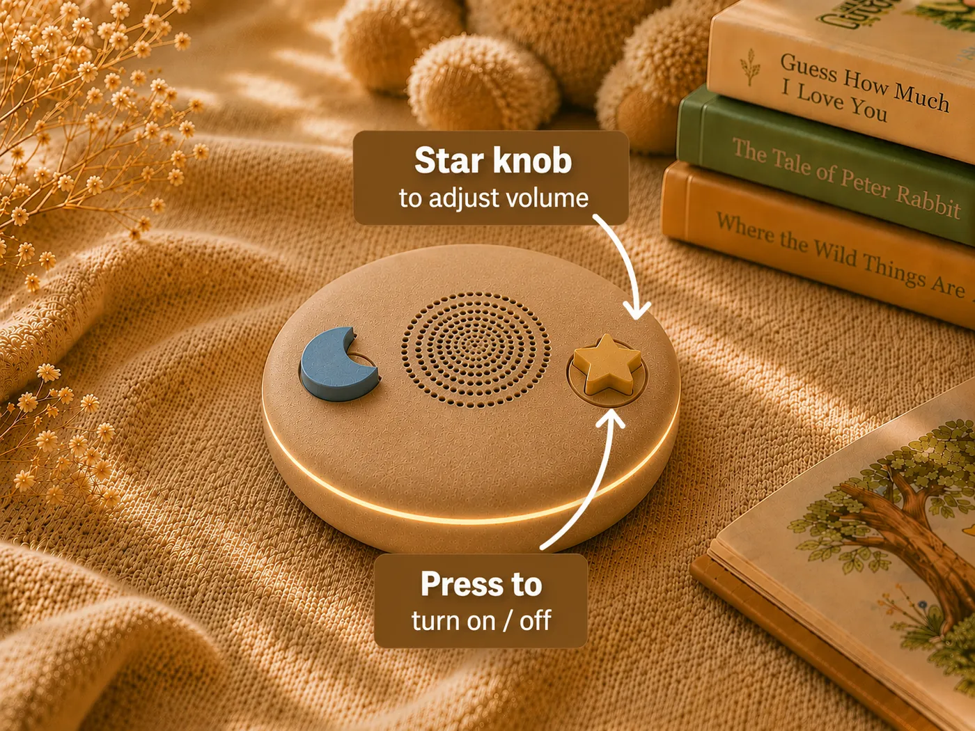The Story Stone speaker resting on a soft blanket beside classic children's books